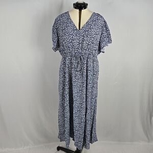 Bloomchic Dress Short Ruffle Sleeve V-Neck Long Blue White Ditsy Floral Size 3X